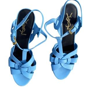 YSL blue leather tribute sandals.